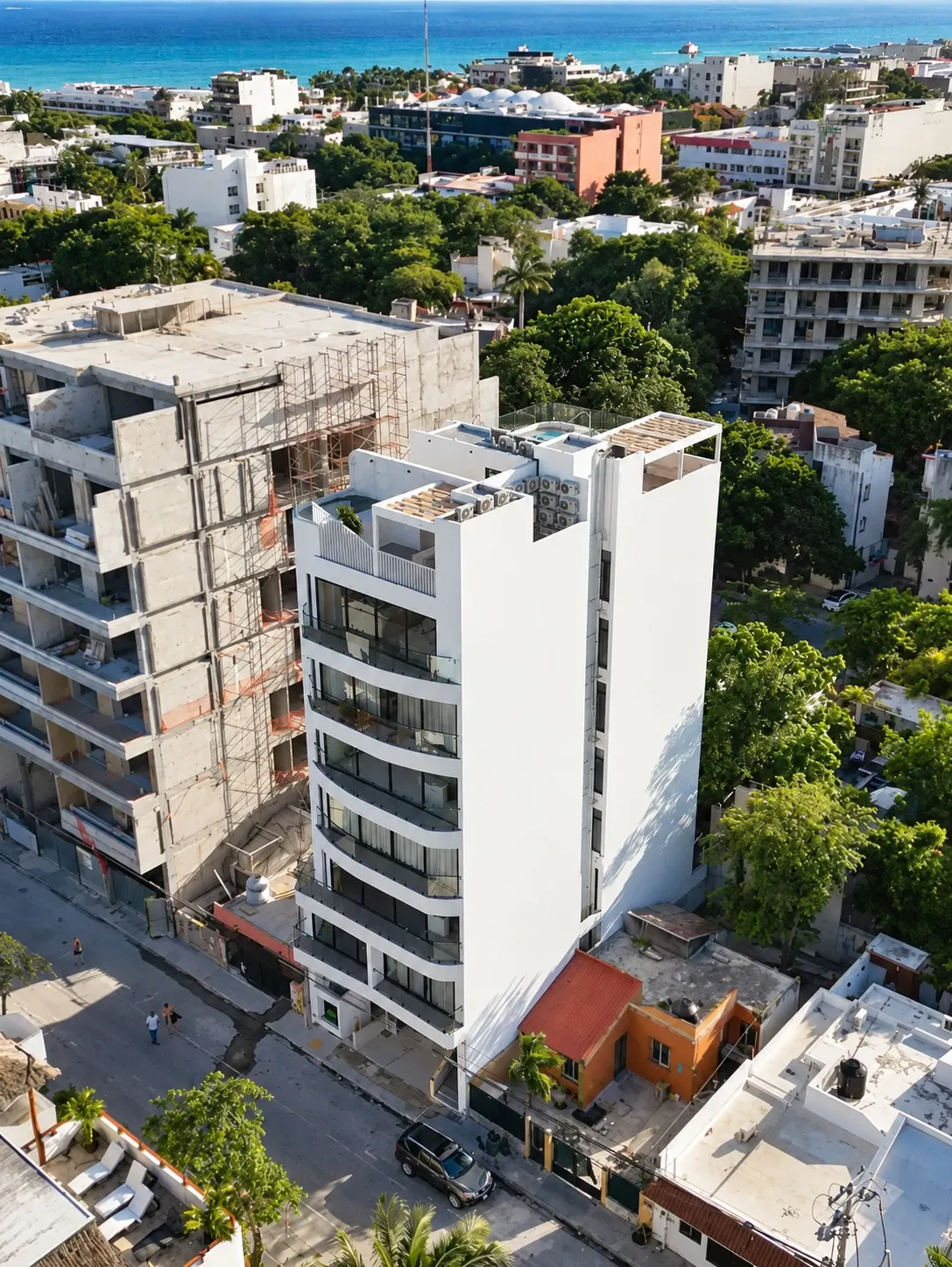 Aerial photo of the Luna Residences building facade in Playa del Carmen