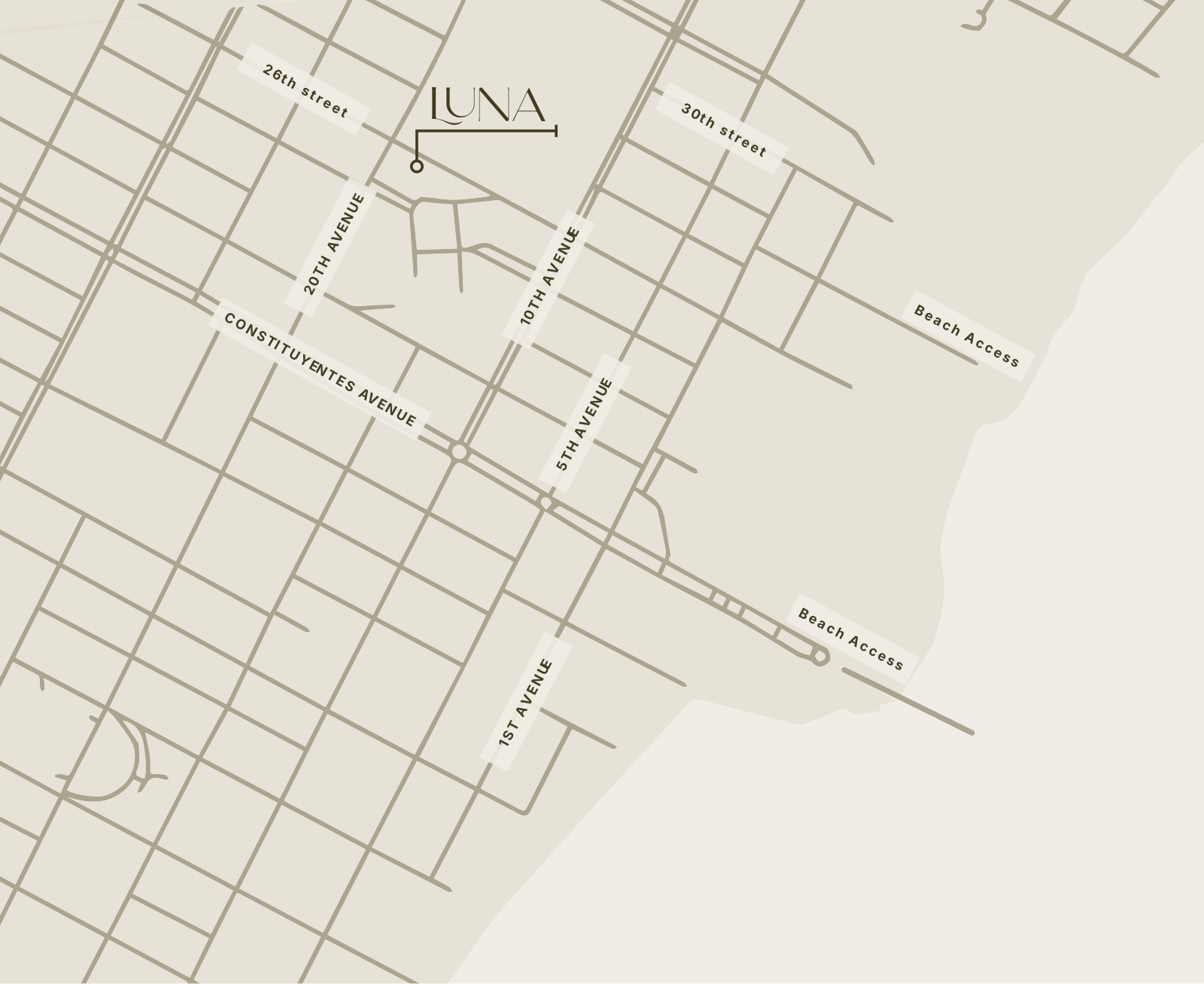 Area map showing Luna Residences on Calle 26 Norte and the beach access points in Playa del Carmen